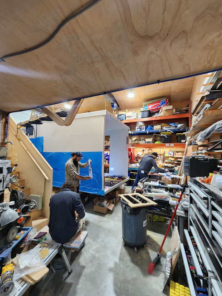 Inside the Skybreaker shop during an expedition truck build